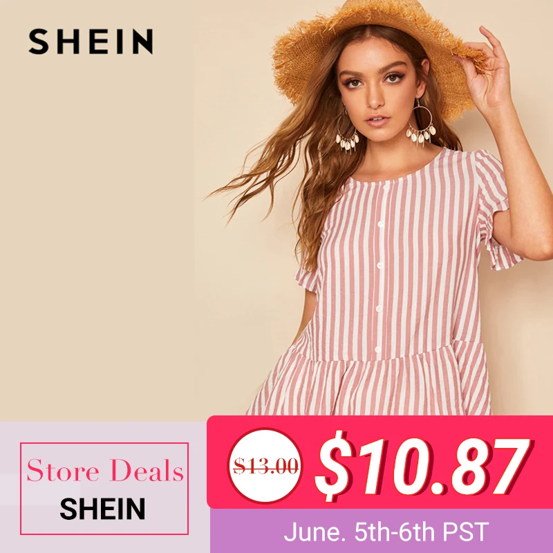 

SHEIN Boho Pink Ruffle Cuff and Hem Button Front Striped Top Peplum Blouse Women Summer O-Neck Flounce Sleeve Workwear Blouses