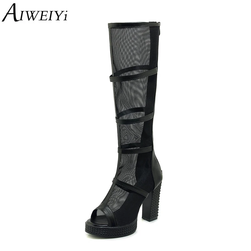 

AIWEIYi Black White Knee High Boots for Women Open toe Square Heel High Heels Summer Boots Gladiator Sandals