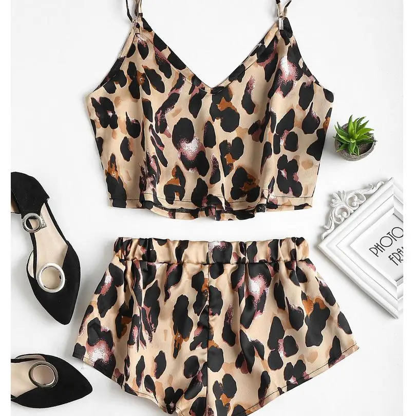 

Women Summer Satin Lace Pajama Lingerie Nightwear Sleepwear Top+Shorts 2pcs Leopard Pajamas Set