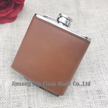 

light Brown color 6oz stainless steel hip flask genuine leather Hip Flask ,It can be engraved