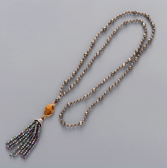 Pyrite Crystal Tassel Necklace Natural Beads Bling Rhinestone Tassels