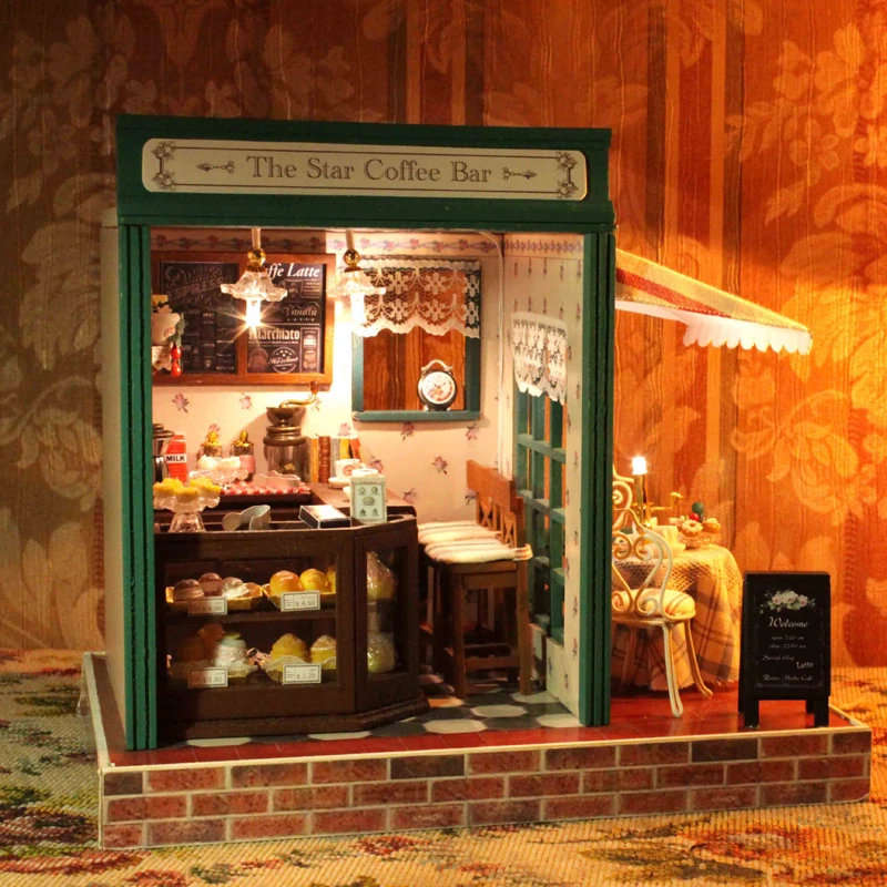 

Cute Room Doll House Miniature DIY Dollhouse With Furnitures 3D Wooden House Toys Gift For Children The Star Coffee Bar Z005 #E
