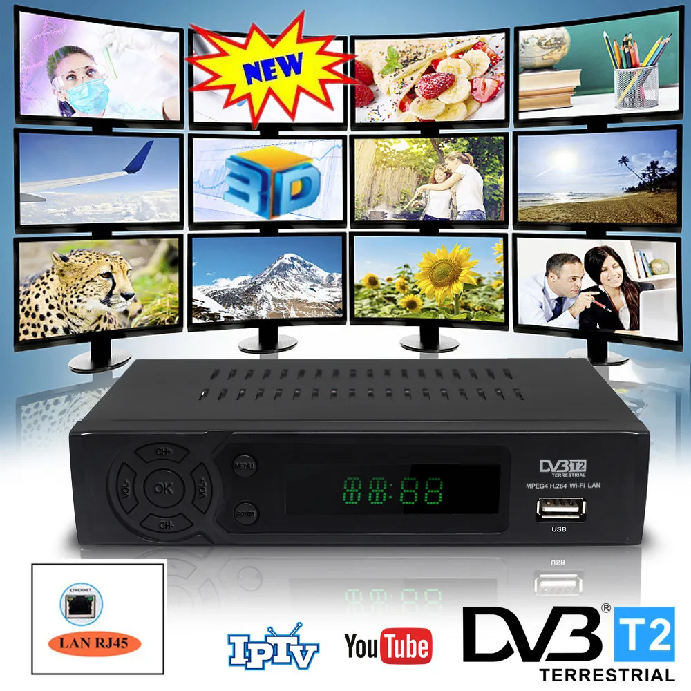 풀 Hd 1080p DVB T2 TV 튜너 지상파 수신기 TV 박스 네트워크 RJ45 LAN 3D 인터페이스, 유튜브 IPTV
