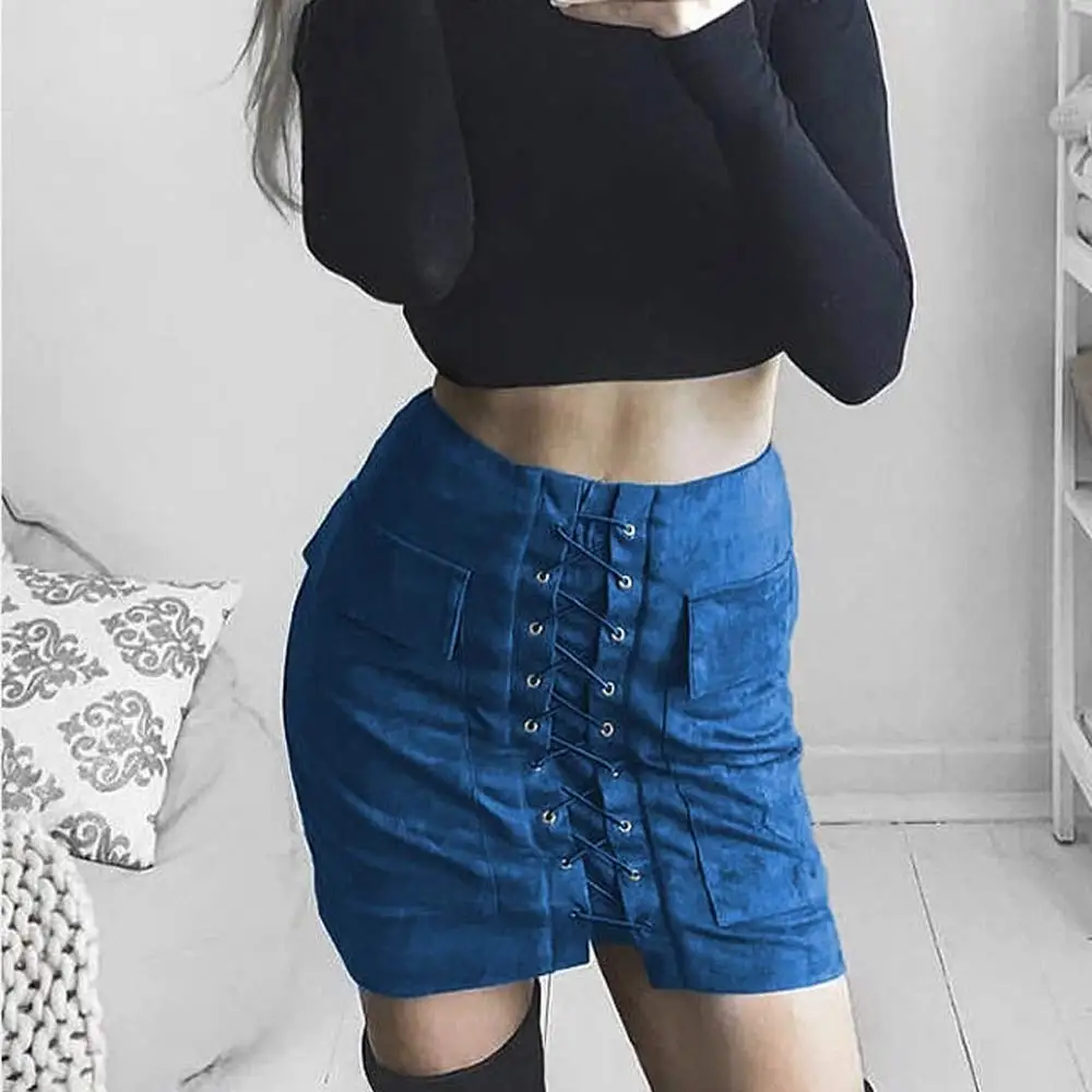 Women High Waist External Pocket Tight Suede Skirt Lace Up Autumn Winter Thick MiniPencil Skirts LF88