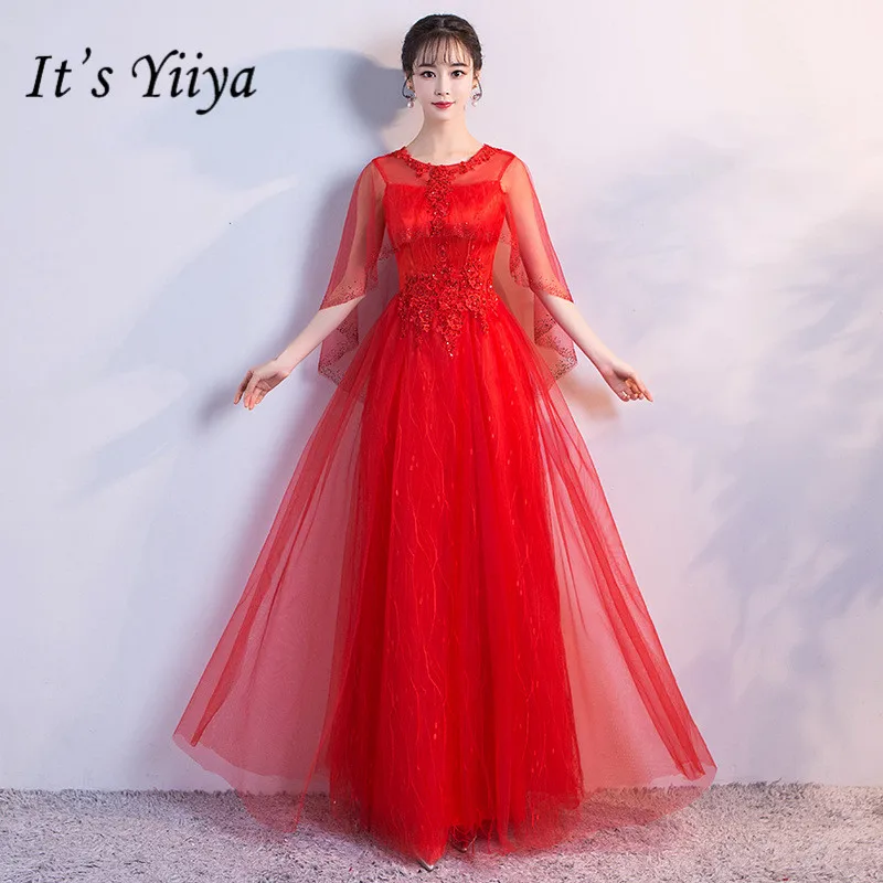 Это YiiYa новый красный платок floo-длина Выпускной линии сетки Вечерние платья H081