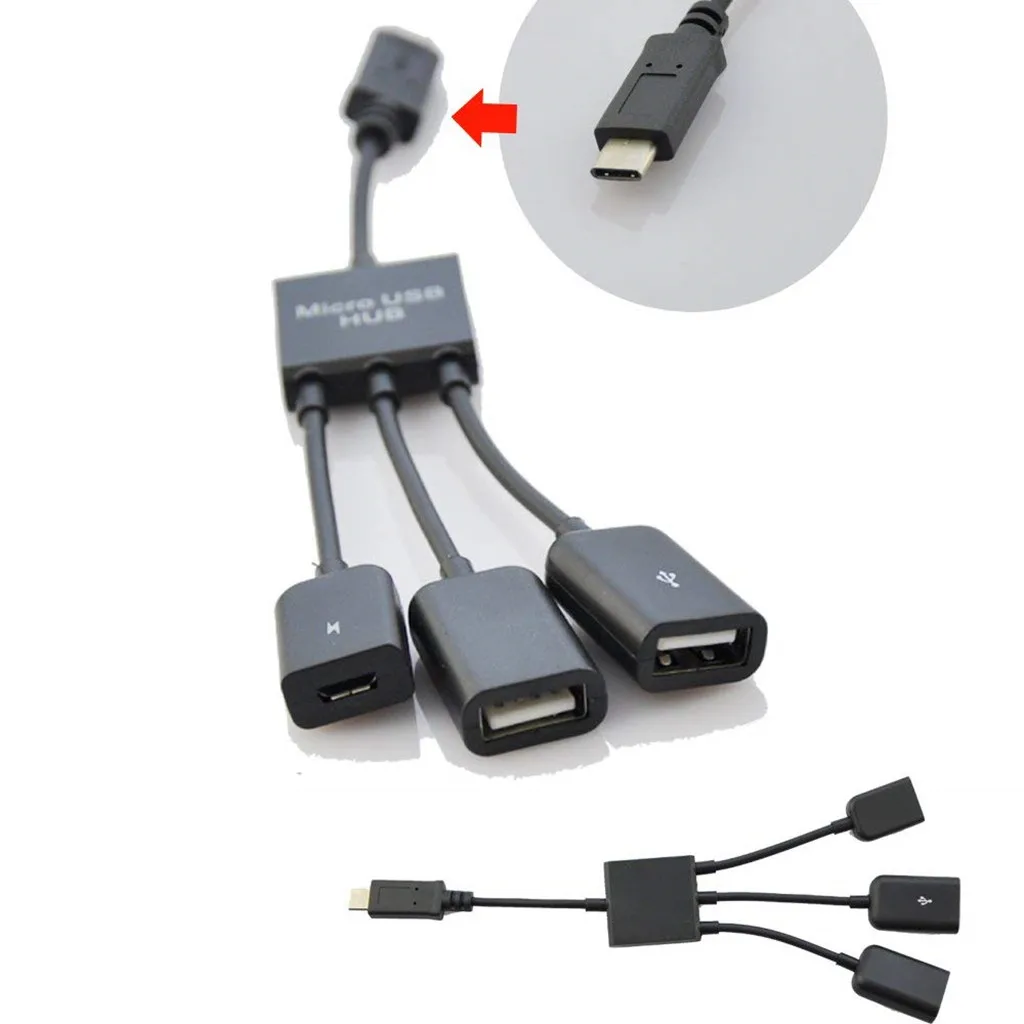 Type C Cable , 20cm 3 in 1 USB C Type C OTG Host to Micro USB + 2x USB2.0 Female Cable Hub Cord Adapter Connector Splitter Black