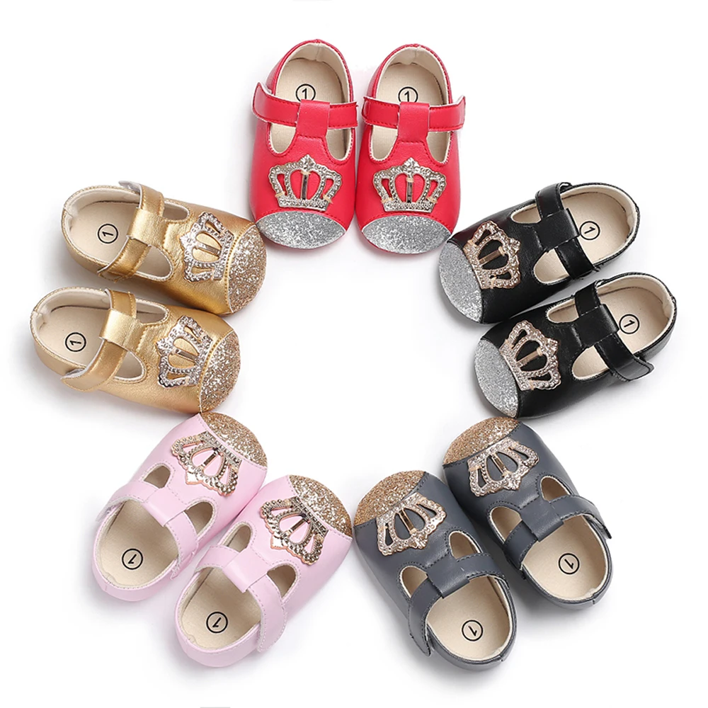 От 0 до 18 месяцев; мягкая подошва для новорожденных девочек; обувь из искусственной кожи с блестками; кроссовки с короной; цвет красный, золотой, серый, розовый, черный