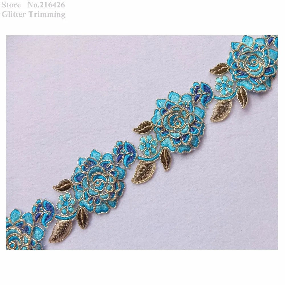 

Free Shipping 1Yd x New Blue/Dark Blue/Olive Green Flower Embroidery Lace Appliques Trims Patches Dance Costume Decorating RELC7