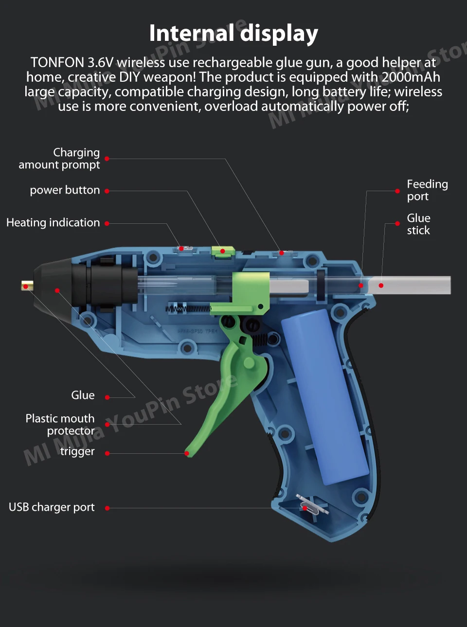 XIAOMI Tonfon Original 3.6V Cordless Hot Glue Guns USB Rechargable Melt Glue Guns Kits with 10 Glue Sticks (2)