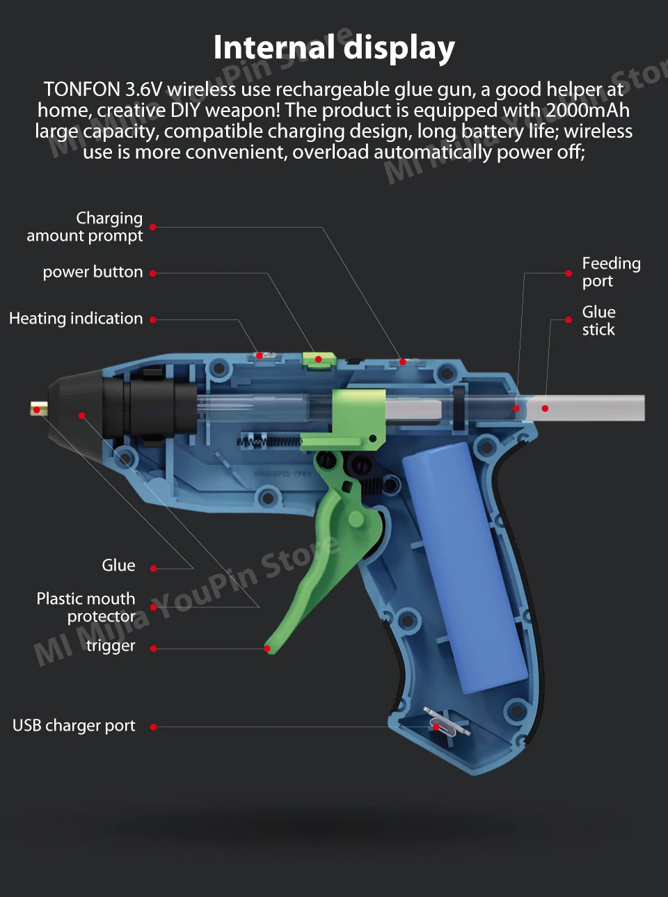 XIAOMI Tonfon,, 3,6 В, беспроводные Пистолеты для горячего клея, USB перезаряжаемые с 10 клеями, клеевые палочки, Клеевые пистолеты, комплекты