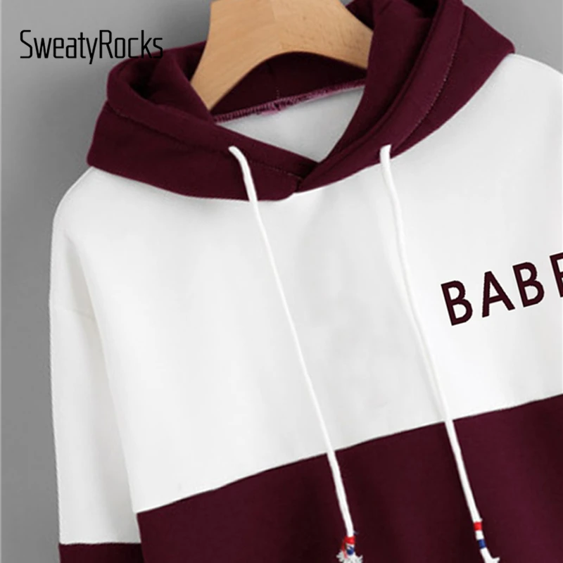  SweatyRocks Athleisure Color Block Drawstring Letter Hoodie Long Sleeve Pullovers Tops 2018 Autumn 