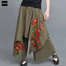 Vintage 70 s Etnis Lebar Kaki Celana Wanita Bordir 2018 Baru Musim Gugur Musim Semi Musim Panas Celana Harem Boho Cina Hijau Hitam celana