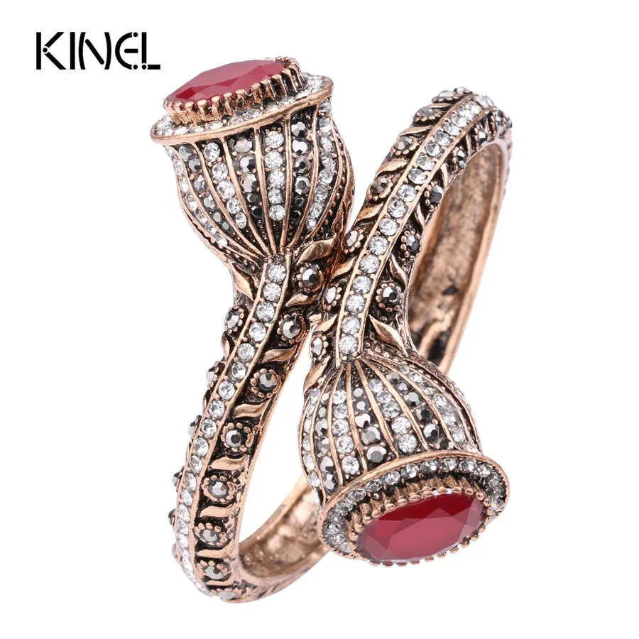 

Vintage Bangles For Women Antique Gold Colour Red Resin Lily Flower Party Bracelets Full Crystals Turkish Bijuteria Jewelry