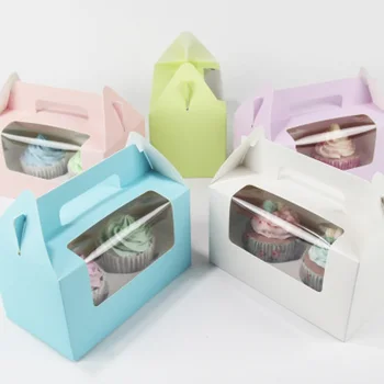 

500pcs Card Paper Party Cupcake boxes, Cake Packaging Boxes holder 2pcs cupcake with handle muffin box wa3571