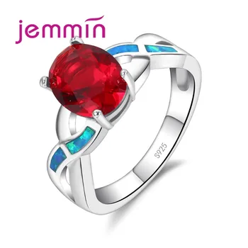 

Classic Wedding Party Ring Red Oval CZ Crystal with Fashion Fire Blue Opal Cross Loop for Women Valentine's Day Gift