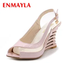 ENMAYLA Wedges Heel Sandals Buckle Style Open Toe Shoes Transparent Women Summer Shoes Patent PU Sexy