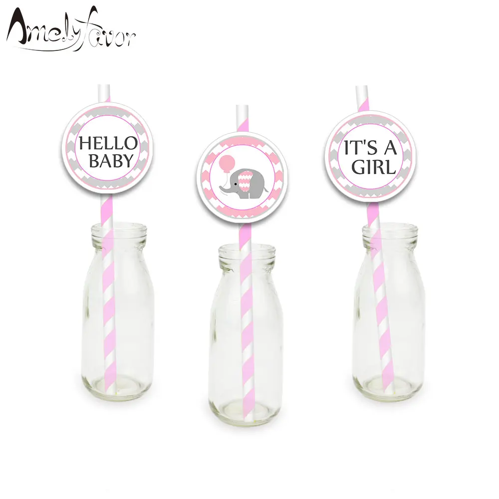 Girl Baby Shower Theme Party Paper Straws Elephant Pink Drinking Grand Event Birthday Decorations Supplies | Дом и сад