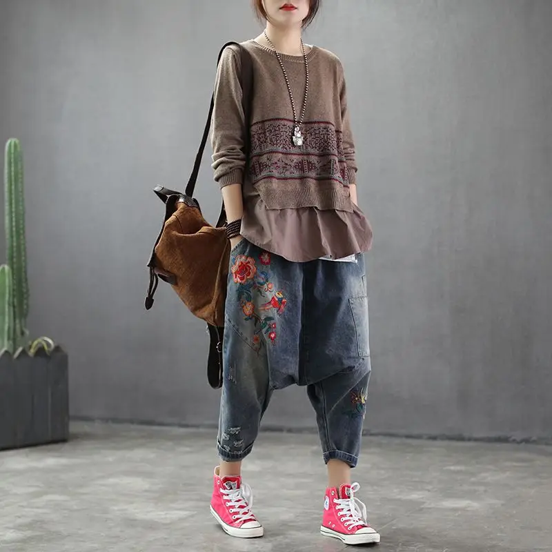 brim namorado perna larga gota virilha denim bloomers