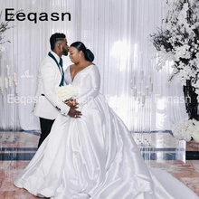 Vestidos de boda de talla grande elegantes con vestido de fiesta de manga larga Tren de la Corte blanco satén Vintage vestidos de boda estilo africano barato en línea