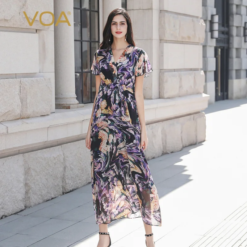VOA 100% Zijden Jurk Vrouwen Zomer Lange Wrap Jurken Boho Print Beach Holiday sukienka Sexy Tuniek V-hals Hoge Taille vestidos A1225 VOA 100% Zijden Jurk Vrouwen Zomer Lange Wrap Jurken Boho Print Beach Holiday sukienka Sexy Tuniek V-hals Hoge Taille vestidos A1225