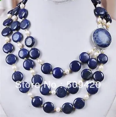 

~~ Free ShippingNatural 3Rows White Akoya Cultured Pearl & Coin Lapis Lazuli Necklace
