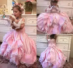 Новое дизайнерское роскошное платье с цветочным узором для девочек, с жемчужиной, горловиной, стразами, кружевной аппликацией, бантом