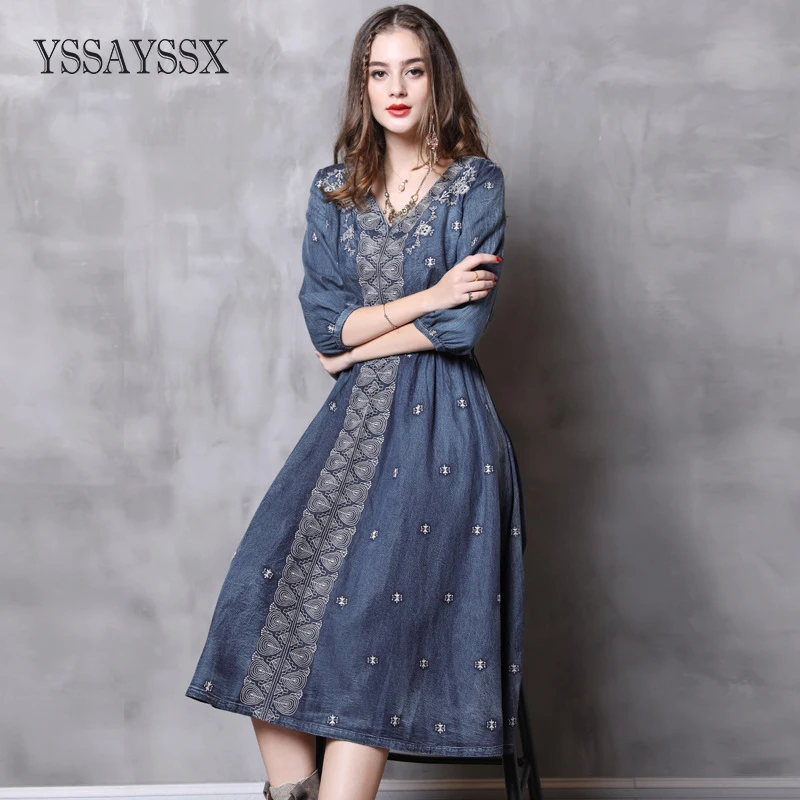 

YSSAYSSX Vintage Embroidered Cropped Sleeve Dress V-Neck Mid-Waist Denim Dress Vintage Embroidered Lantern Sleeve Denim Dress