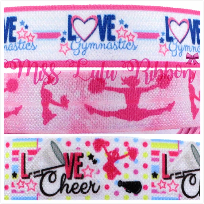 

5/8"16mm Love Gymnastics&Cheer Printed Fold Over Elastic Ribbon Sport Patterns DIY Party Decoration hair ties make 50yards/roll
