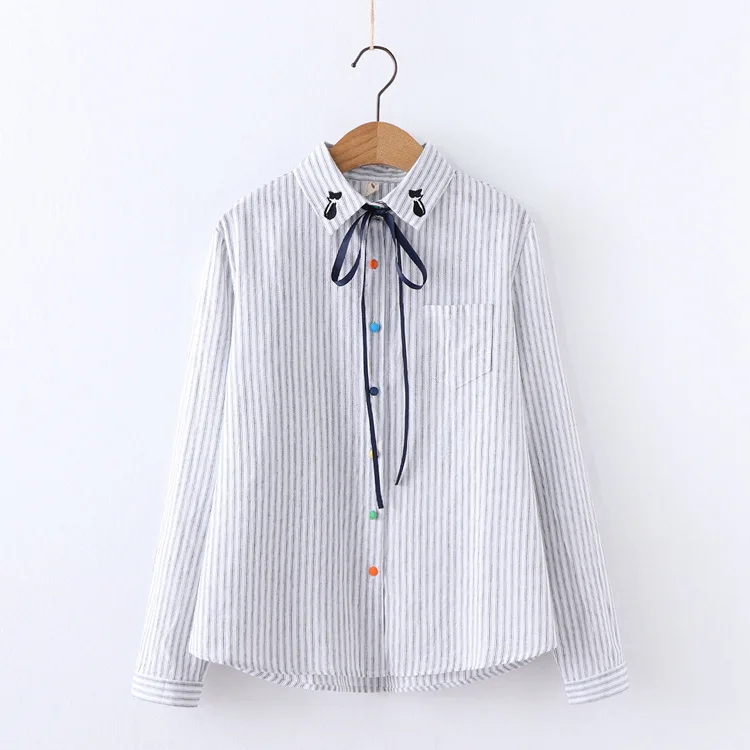 Бренд EYM, женские блузки, весна, новая модная вышитая полосатая рубашка с длинным рукавом, топы, элегантная повседневная блузка в студенческом стиле - Цвет: 192D