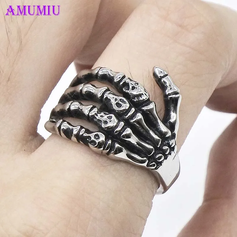 

AMUMIU Alloy women's Men's Skeleton Hand Ring Skull Biker Ring Men Ring black Vintage Punk Skeleton Rings Stainless steel R014