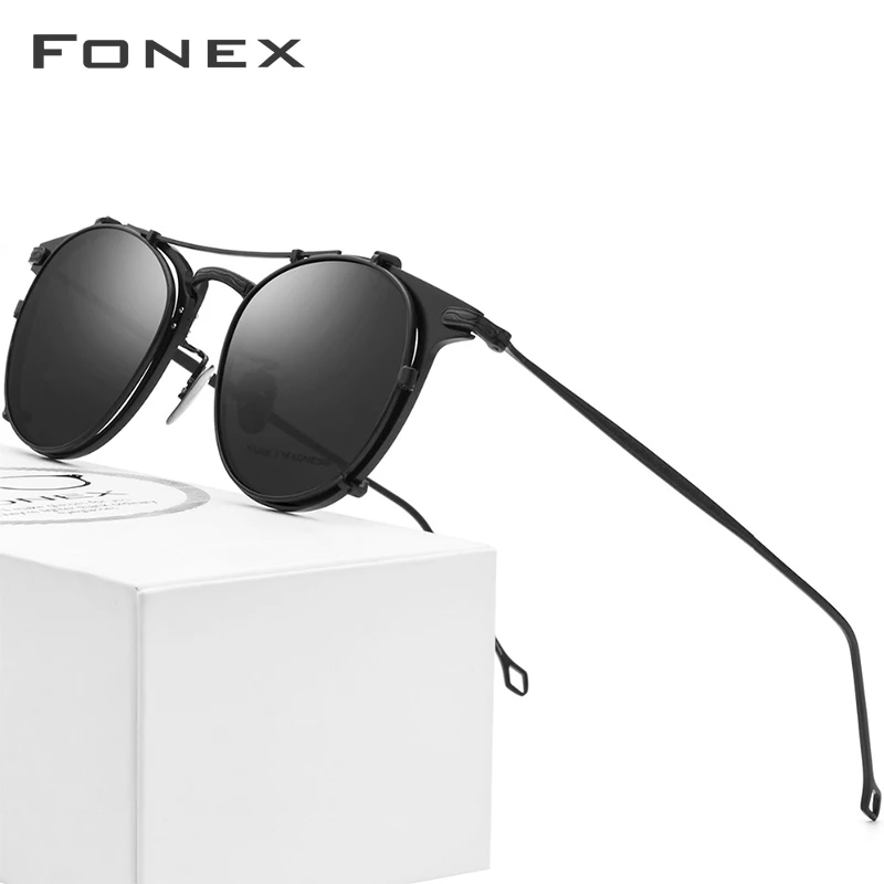 Montura de gafas de titanio puro FONEX montura de gafas de sol polarizadas con Clip para hombre montura de gafas de prescripción para mujeres gafas ópticas redondas 502 - 1
