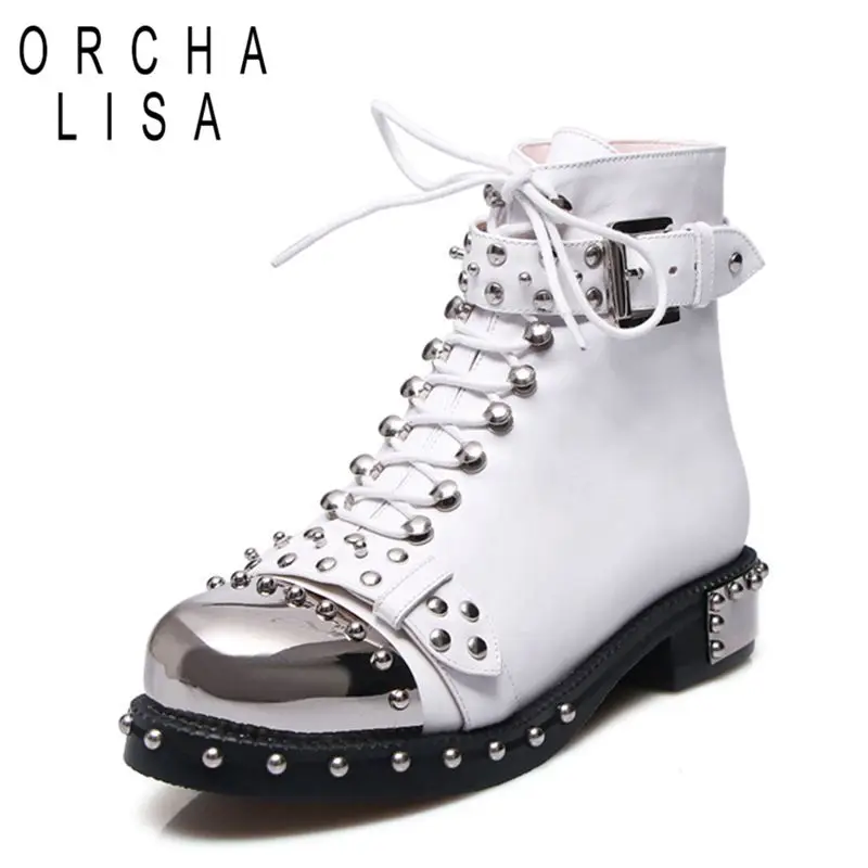 

ORCHA LISA Genuine Cow Leather Cross Tied Boots Female Round Toe Flats Rivet Lace-up Autumn Shoes Women Botas Feminina J323