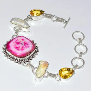 

Solar Quarts & Citrines & Biwa Pearls Bracelet Silver Overlay over Copper, 19.8cm , B3349