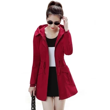 

2018 Autumn Winter Women Trench Coat with Hooded Female 100% Cotton Drawstring Waist Slim Windbreaker Lady Long Sleeve Coat F744