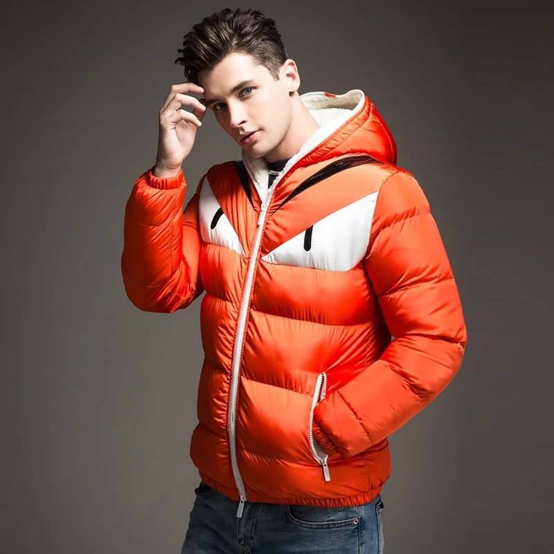 Новая модная дизайнерская мужская зимняя куртка с контрастным хлопковым подкладом и большим глазом, пуховое пальто с капюшоном, Veste Homme Hiver - Цвет: Orange