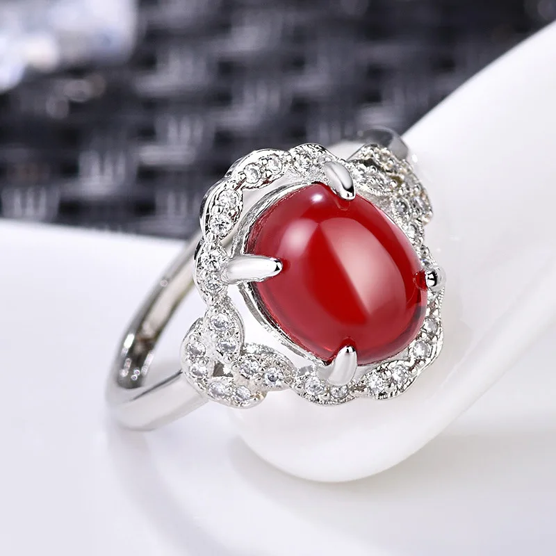Antique Wedding Band Silver Ring Female Adjustable Rings For Women Fashion Jewel Red and Green Color Natural Stone Rings  (4)