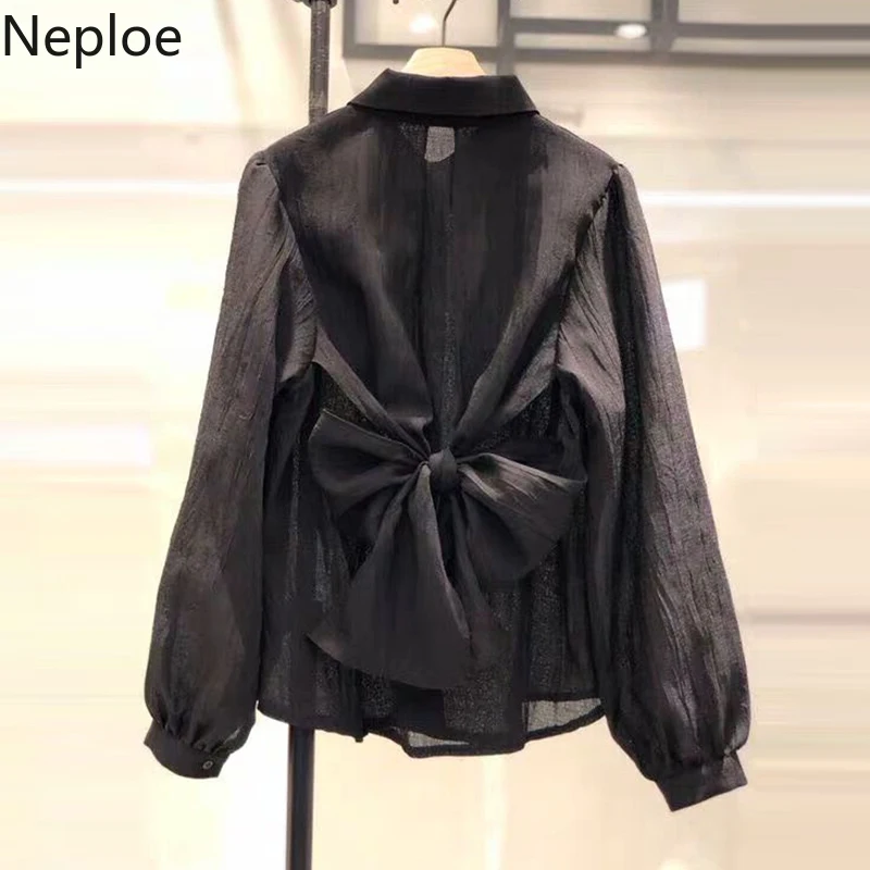 

Neploe Elegant Womens Tops and Blouses Fashion Back Bow Tie Shirt Turn Down Collar Long Sleeve Korean 2019 New Blusas 53475