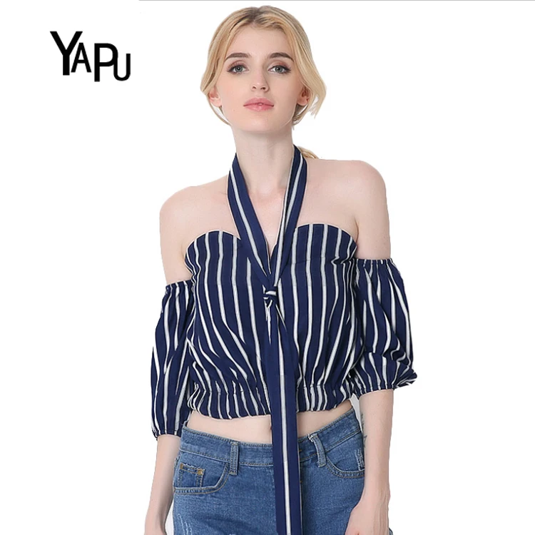 2017 new sexy bra five European striped font b jacket b font sleeve navel Ladies Cotton