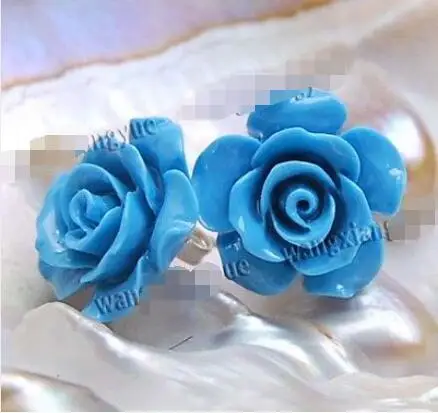 

Free Shipping >>>> new hot 15mm Blue Sea Coral Carved Flower Earrings Silver Stud AAAs AAA+