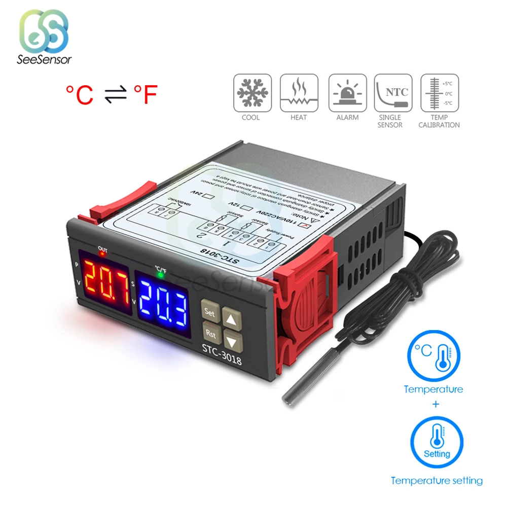 

Dual Digital Temperature Controller Switch STC-3018 12V 24V 110V 220V Celsius & Fahrenheit C/F Thermoregulator Thermostat