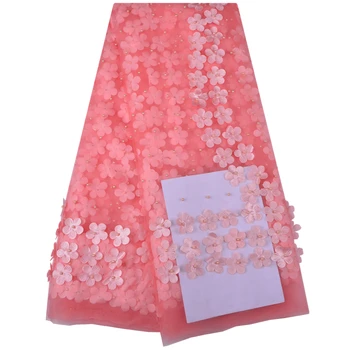 

3D Flower New Arrival African Embroidered Lace Fabrics High Quality Pink Color Guipure Lace Fabric For Weddding Dress 1215