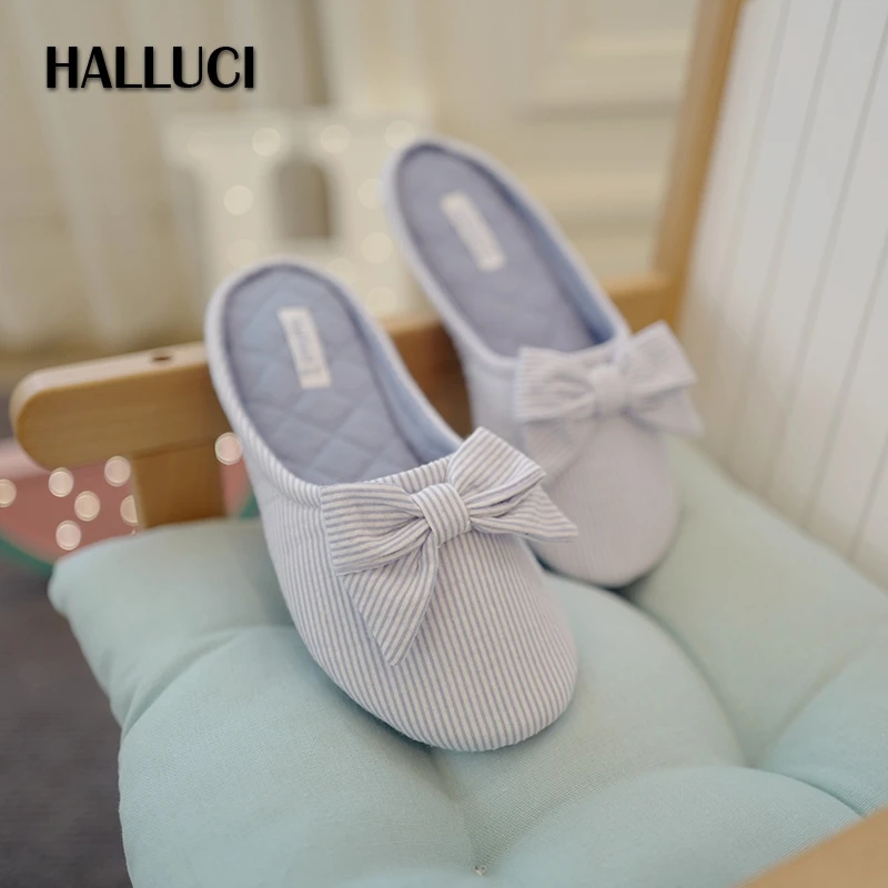

Simple blue plaid cotton home slippers shoes women sweet Bowknot candy color flip flops Bedroom non-slip slippers for women