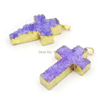 

Purple Crystal Cluster Cross Pendants Of Gold Cladding Approx 50*30 mm