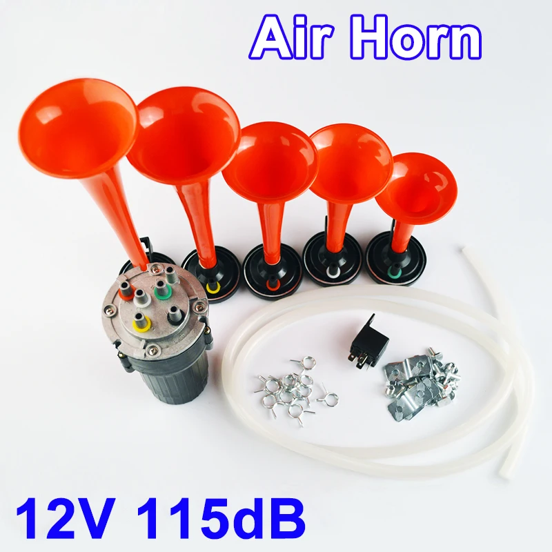 Air Horn 5 PC 12V 115DB Red with Compressor Siren Horns for Car Truck
