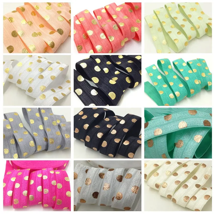 

10 Yards 15mm Gold & Rose gold foil Polka Dot print Fold over elastic Stretchy band DIY girls hair ties headband accessories