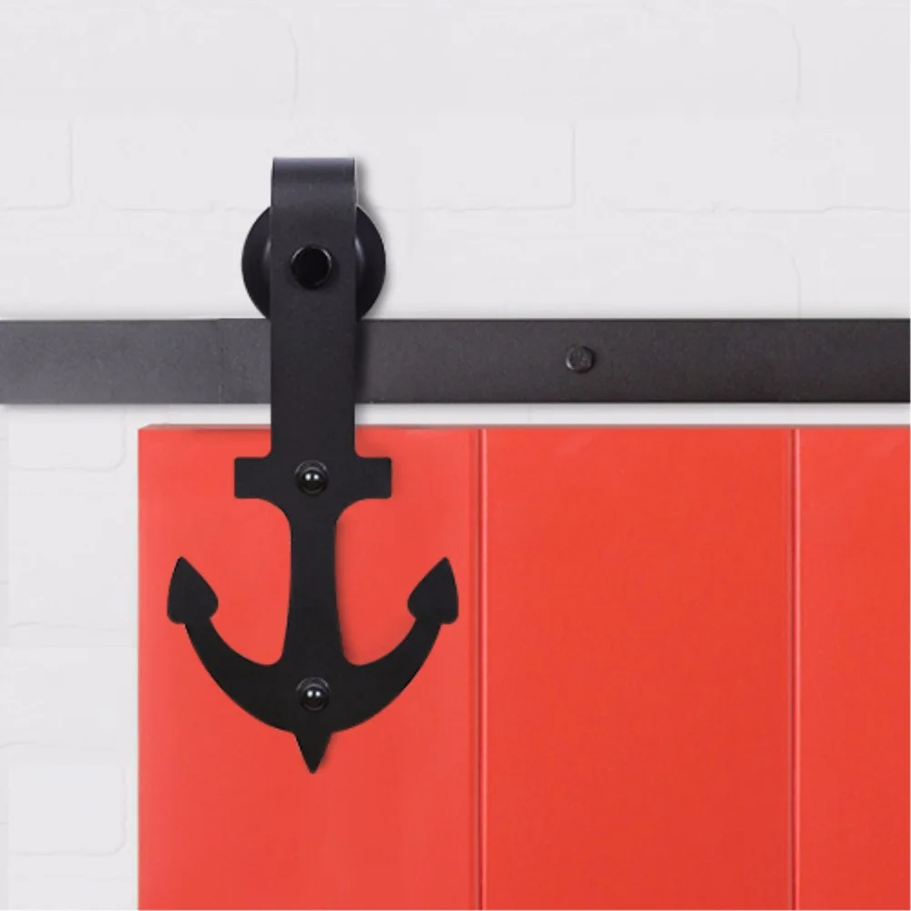 LWZH Vintage Style Strap Industrial Wheel Single Sliding Barn Wood Door Hardware Track Kit Anchor Shaped Roller for Single Door
