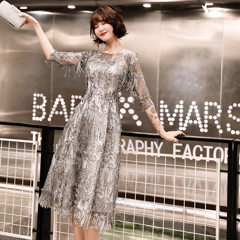 Goede Lovertjes Cocktail Jurken Shining Drie Kwart Mouw Kwastje O hals Party Dress Sexy Kant Plus Size Thee Lengte Formele Gowns E366