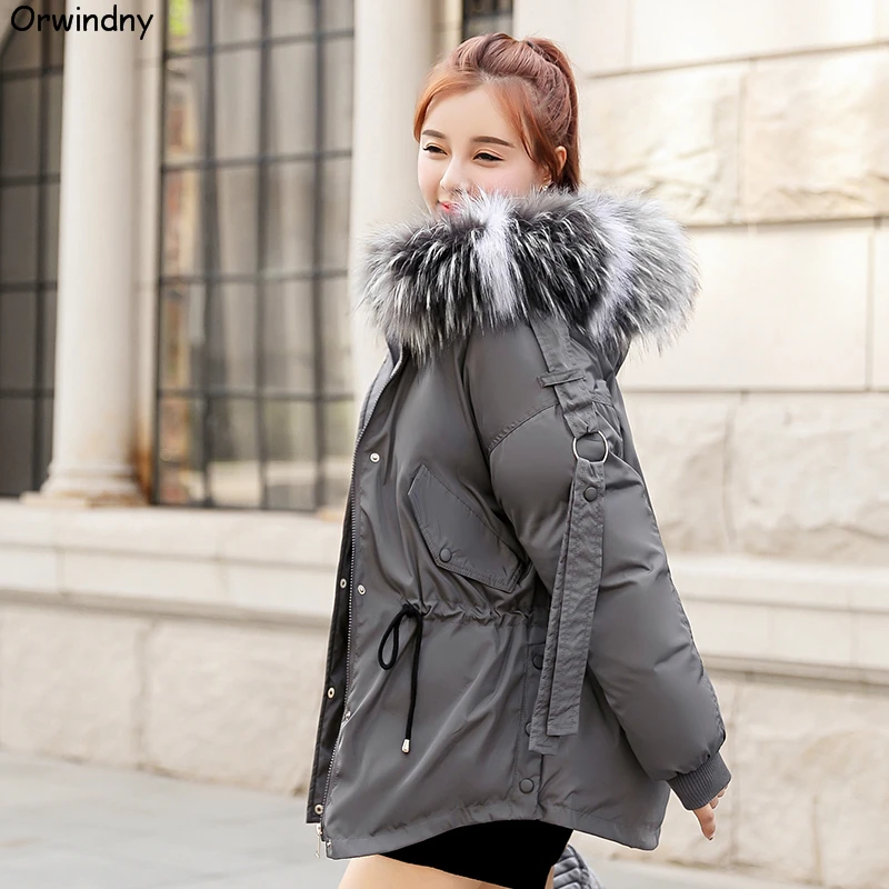 Orwindny Winter Coat Women Large Fur Collar Winter Parkas Female Slim Fashion Short Cotton Padded Jacket Hooded Wadded Coat