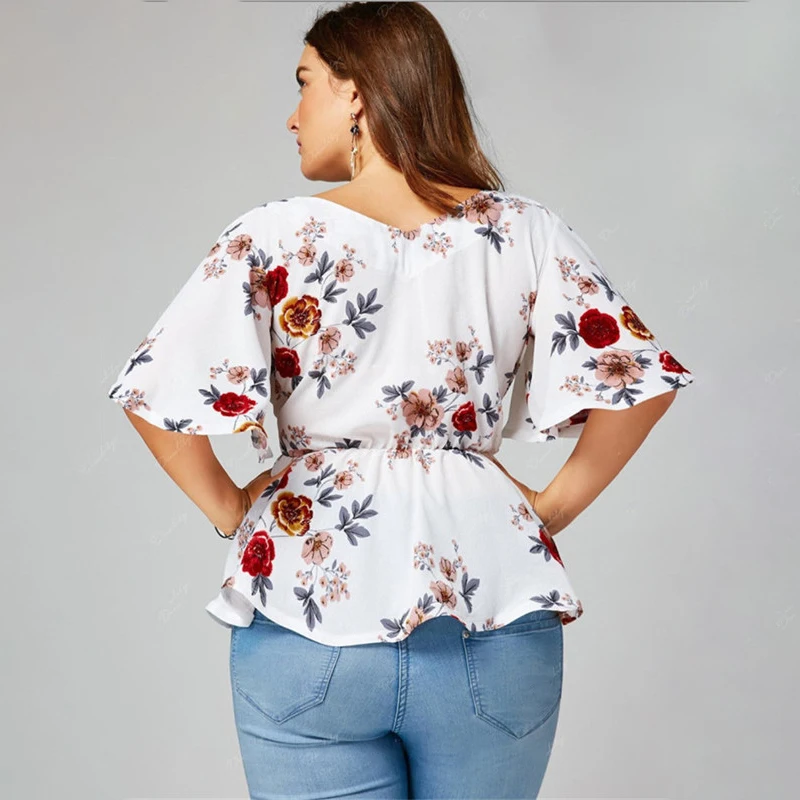 New Women's Blouse Sexy V Neck Floral Print Flare Sleeve Belted Surplice Peplum Tops And Blouse blusas feminina Plus Size
