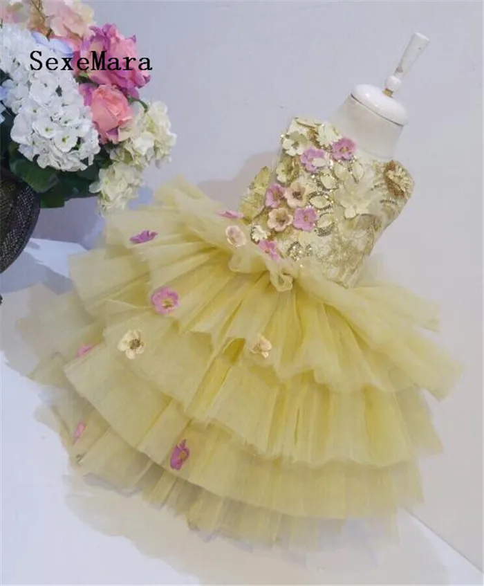 

Luxury 3D Flowers Sequins Girls Dresses for Wedding O Neck Knee Length Baby Girls Birthday Dress Pageant Gown Party Dress